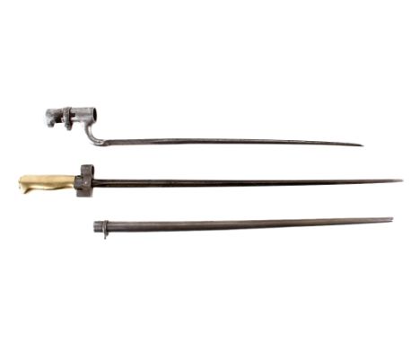 Two WWI bayonets. Comprising A WWI French 1886 model epee bayonet with brass grip, stamped IG?6351 to guard and VK?14659 to s