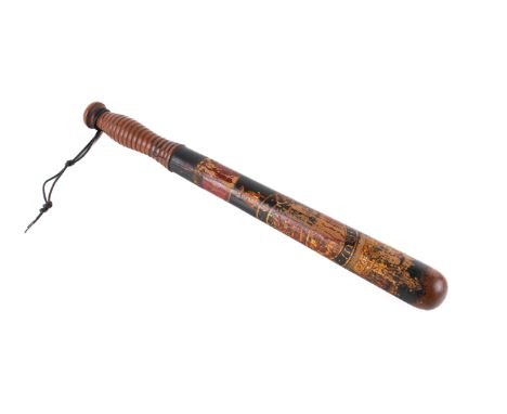 A Victorian painted police truncheon. By Parker Holborn, with a ribbed, shaped handle, the shaft painted black with gold and 