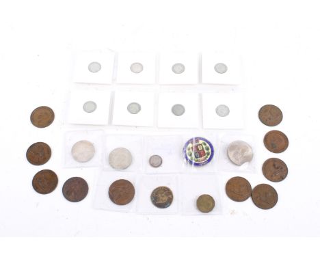 A mixed collection of British coins. Noting an enamel silver crown, George VI silver 3ds etc, some better dates and grades.