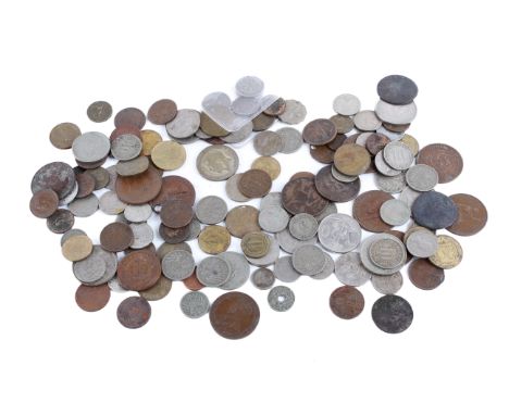 A collection of worldwide 19th and 20th century coins. Including a USA 1845 quarter dollar with light scratches etc. 
