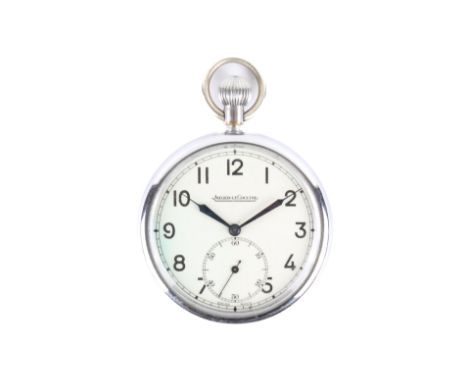A military issue Jaeger Le Coultre nickel cased pocket watch. With Arabic numerals and blue hands to the champagne face, with