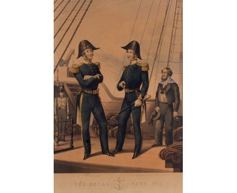 A hand-coloured print, Ackermann, 'The Royal Navy No 1, Captain, Lieutenant'. Framed and glazed size 52.5cm x 40.5cm. 