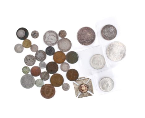A collection of worldwide coins. Including Marie Theresa 1921 dollar, 1823 half crown and other silver and bronze coins.