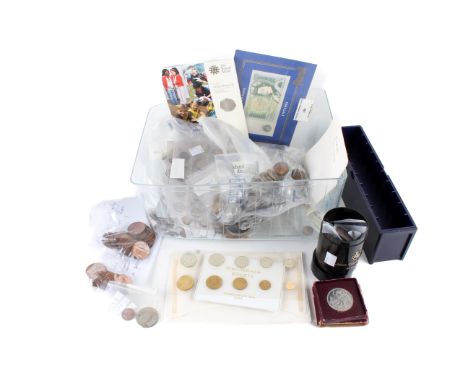 A large accumulation of 20th century coins. Including pre '47 silver and bronze and a 1797 cartwheel twopence, a five pound n