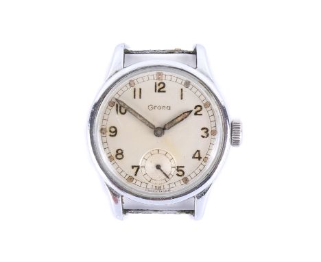 A WWII Grana military watch, without strap. With Arabic numerals to a cream face, subsidiary dial, marked to back with arrow 
