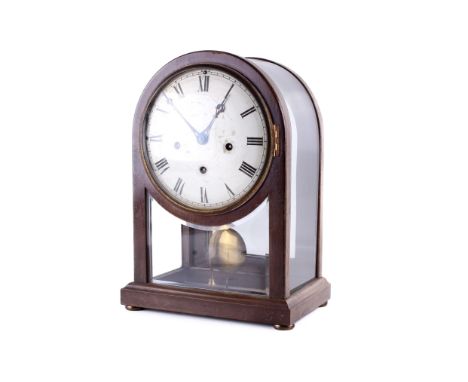 A Mahogany German four-glass arch top mantel clock. Triple train movement, striking on either 4 or 8 gongs, lever to Silvered