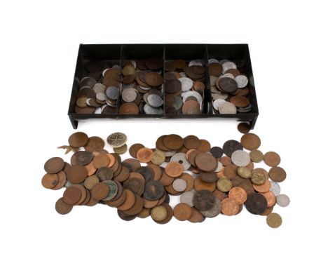 A collection of 20th century world coins. Some silver noted, in a cash tin.