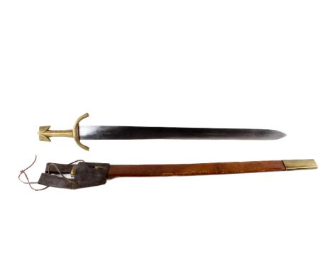 A replica Viking style brass handled sword. Blade L72.8cm, in a leather and brass fitted scabbard.  