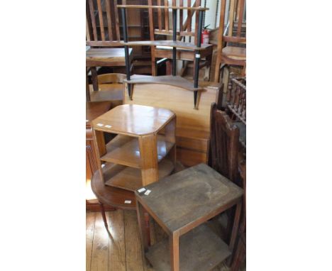 A corner shelving unit, a teak bureau, an oak table and a modern glass topped coffee table and an oak table with shelf