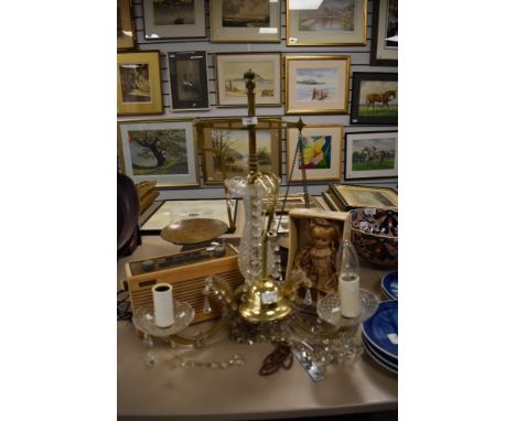 A large set of brass apothecary or chemists scales on mahogany stand, a glass chandelier and a roberts radio.