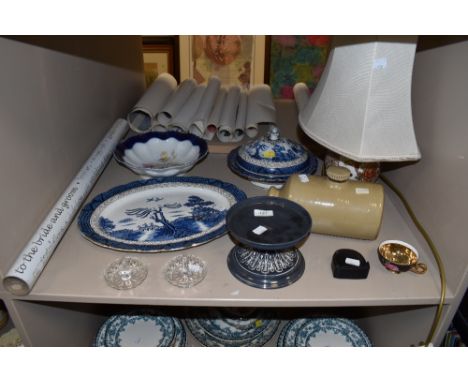 A selection of blue and white Wilton ware, A floral transfer print royal Vienna bowl, a stone hot water bottle, two glass rin