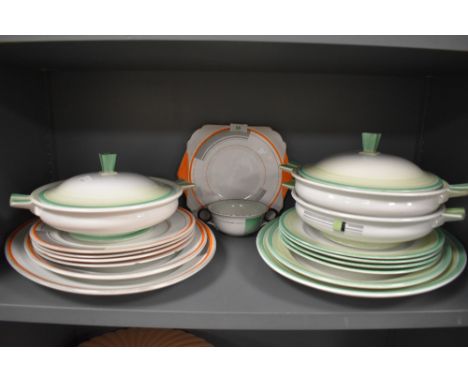 A selection of Art Deco design ceramic serving and dinner plates by Shelley including lidded tureen