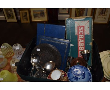 A mixed lot containing an album of vintage postcards most being around 1916, an album of stamps, tea cups and saucers, small 