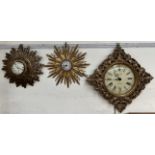 A modern gilt star burst wall clock together with other gilt wall clocks