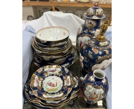 Booths scale blue dishes together with similar bowls, vases, table lamp etc 