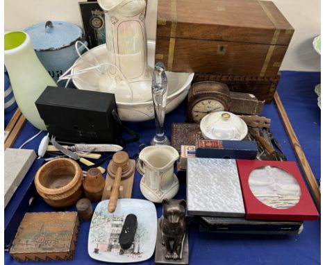 A 19th century mahogany writing slope together with a walnut jewellery box, gavel, clock, jug and basin set, cutlery, enamel 