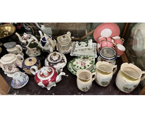 Three Victorian pottery teapots together with other teapots, cheese dishes and covers, part tea service, jugs, scales etc 
