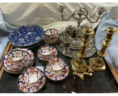 A Clifton pattern part tea service together with a pair of brass candlesticks, electroplated wares etc 