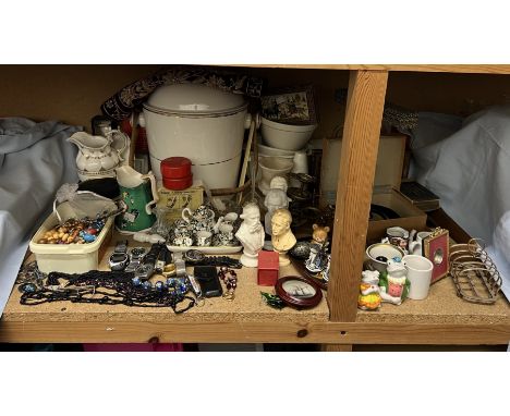 Assorted watches and costume jewellery together with a miniature part tea set, portrait busts, pottery lidded bucket, etc 