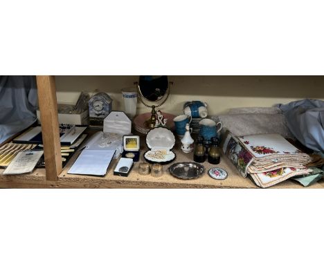 Assorted linen together with a part tea service, simulated pearls, silver napkin rings, commemorative coins, flatwares, porce