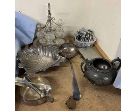 An electroplated six bottle cruet together with an electroplated dish, ladle, knife rests etc  