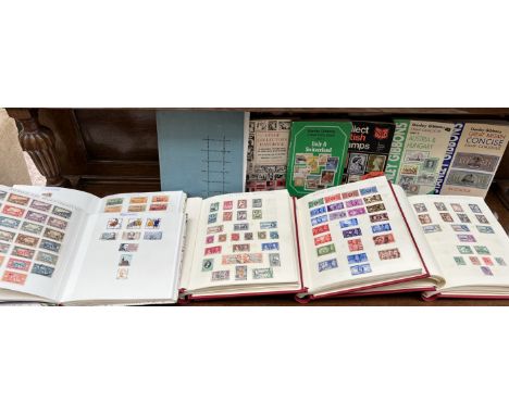 Three stamp albums of British colonies, commonwealth &amp; territories together with two albums of world stamps and books