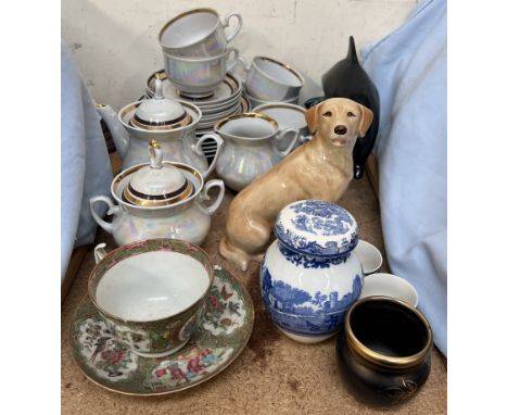 A Poole pottery dolphin together with a melba ware Labrador, USSR part tea set, spice jar etc