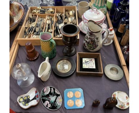 A Siamese gilt flatware service together with pottery jugs, turned chalice, coins, pottery tureen and cover oil lamp etc 
