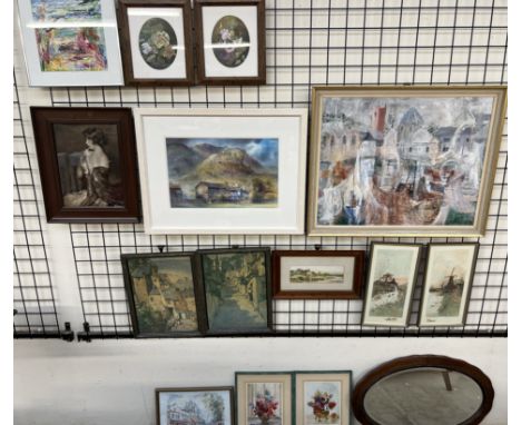 C LloydBoats in a harbourOil on boardSignedTogether with watercolours, prints and a mirror