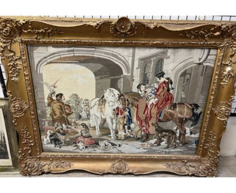 A large 19th century tapestry picture of an archway with horses, falcons, children etc, 77 x 114cm together with a print