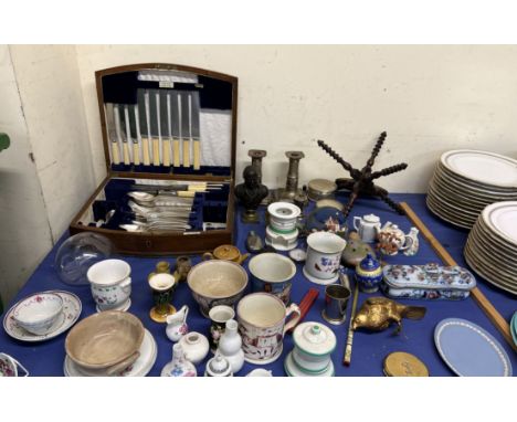 A cased part flatware service together with electroplated candlesticks, portrait bust, pink lustre pottery, etc 