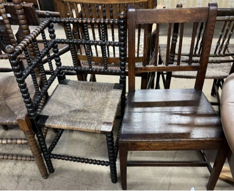 A bobbin corner chair, with a rush seat together with a 19th century dining chair 