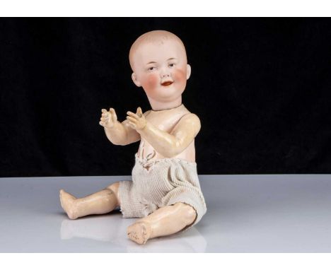 with blue painted squinting eyes, happy laughing face with open/closed mouth, single dash light brown eyebrows, blonde painte