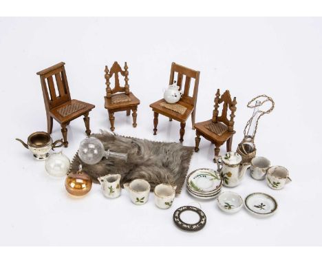 four Schneegas chairs —3 1/2in. (9cm.) high, a silvered glass teapot (missing lid), a tea set painted with flowers, a mohair 