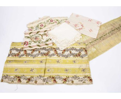 ideal for dolls dress making, a gold piece with yellow stripes and cream striped with garlands of roses —18in. (46cm.) x 9 3/