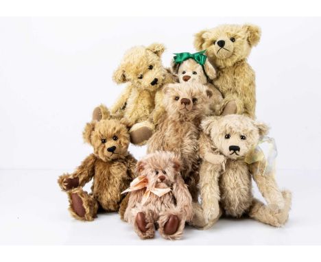 including two Chatterton Bears, one with pink mohair, other with blonde mohair and green ribbon, a light brown bear with brow