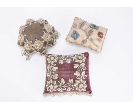 one square purple velvet with white, clear and steel beads —7in. (18cm.) square and two others (dusty, some wear and light st