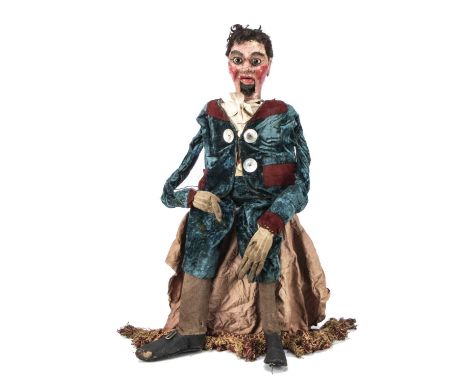 papier-mâché with clear glass eyes with brown and black backed iris, heavy brows, long nose, opening mouth with top teeth, br