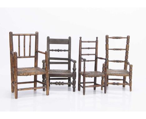 with rush seats, one with spindle ladder backs —11 3/4in. (30cm.) high, two with original painted finish (some wear)