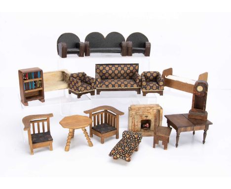 an Art Deco oil-cloth three piece suit —5 1/2in. (14cm.) width of sofa, a sofa and two armchairs upholstered in printed circu