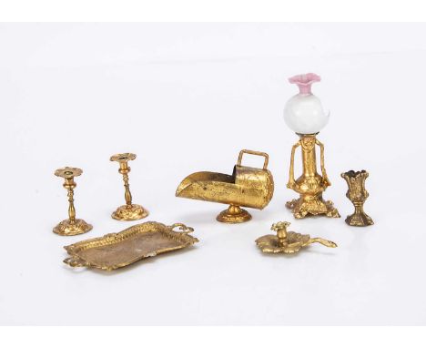 a pair of candlesticks —1 1/2in. (4cm.) high, a oil-lamp (glass shade broken and missing half of bowl part), a coal scuttle, 