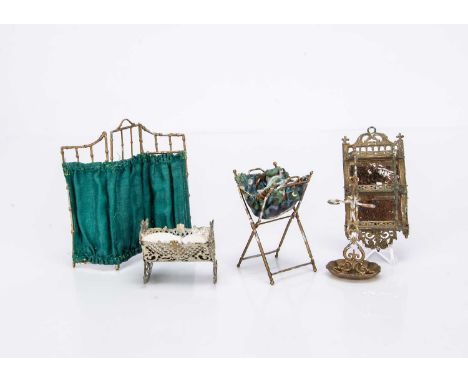 a rocking cradle painted cream and gold impressed WG —2in. (5cm.) long, a hanging shelf with mirrored back, an umbrella/stick