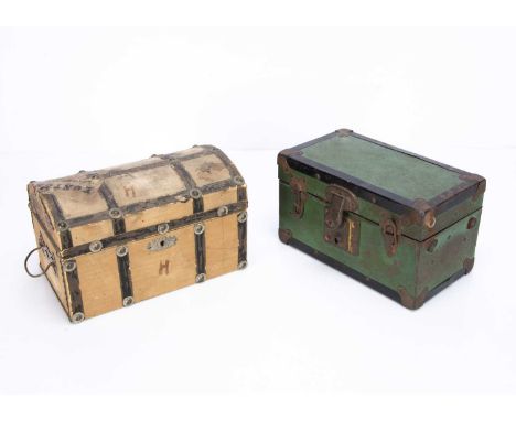 a canvas and black oil-cloth domed lidded think with carry handles, brass studs and Euston to Lockerbie destination label —9i