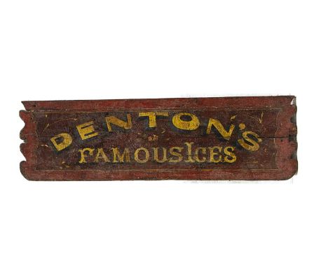 original hand painted dark red and light red panel with yellow letters shadowed in black, shaped ends —60in. (152cm. ) long x