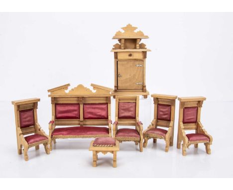 with pink silk upholstery, comprising sofa —6in. (15cm.) wide and four chairs, foot stool and cupboard