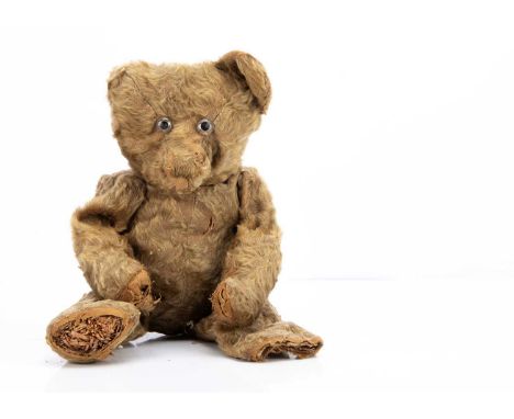 possibly Chad Valley, with brown mohair, clear and black glass eyes with remains of painted backs, black stitched nose and mo