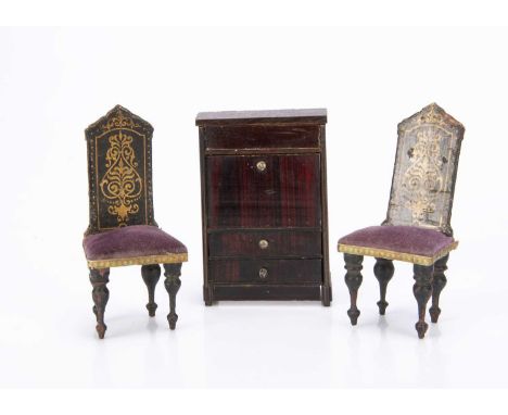 a pair of black painted chairs the backs decorated gilt pattern and purple velvet seat with Dresden paper trim —3 3/4in. (9.5