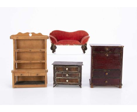 a red stained drop front bureau —5 1/2inn. (14cm.) high, a painted tinplate chest of drawers, a red velvet sofa with large tu