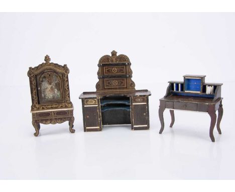 a mirrored cabinet on stand with Hickman written on underside —6 1/4in. (16cm.) high, a writing desk (missing door and shelf 