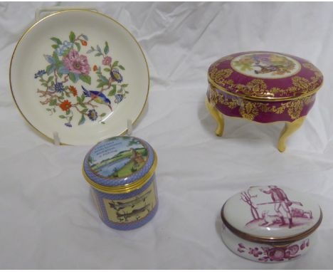 A reproduction of an 18th century enamel oval Box, Halcyon Days enamel Box and two other items.